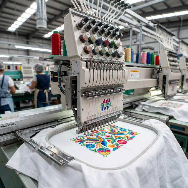 Máquina bordadora industrial en operación — taller Bortex Juchitán